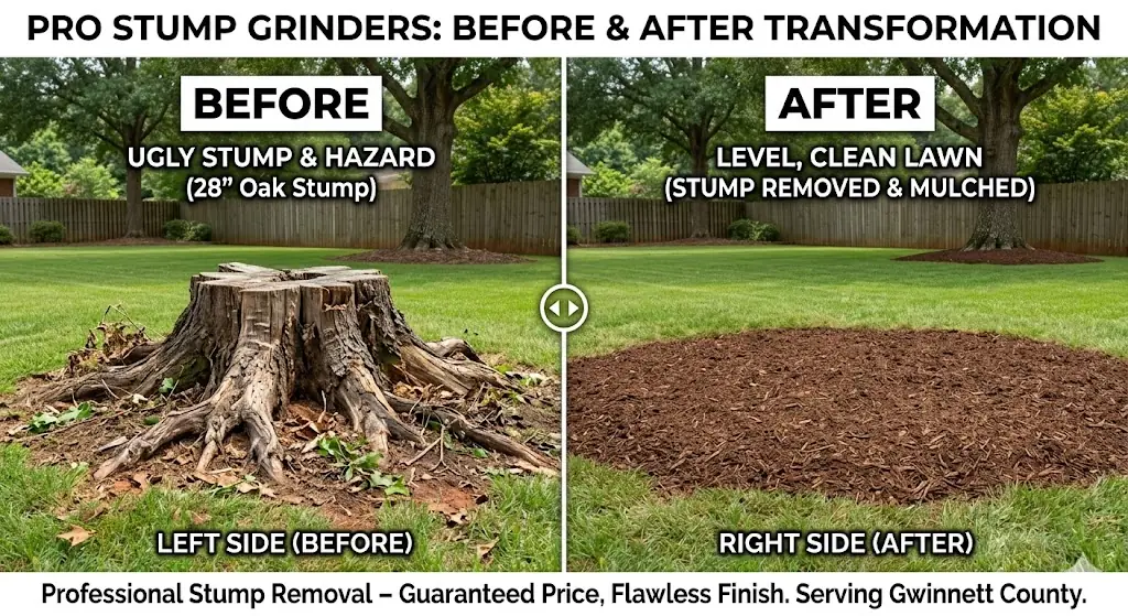 Before and after stump grinding — stump removed and yard restored